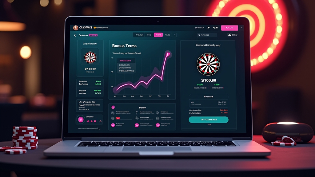 Mesa de casino oscura con panel de requisitos del bono y tablero de dardos iluminado
